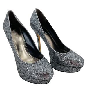 Bakers Silver Metallic Fabric Shiny Disco 80s Vibe Platform Stiletto Heels 8.5M